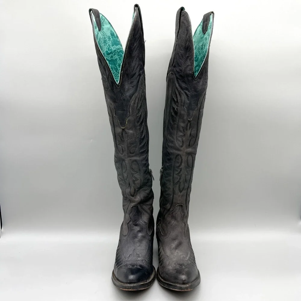 Corral Womens 7.5M Black Distressed Leather Over The Knee Tall Western Boot Goth